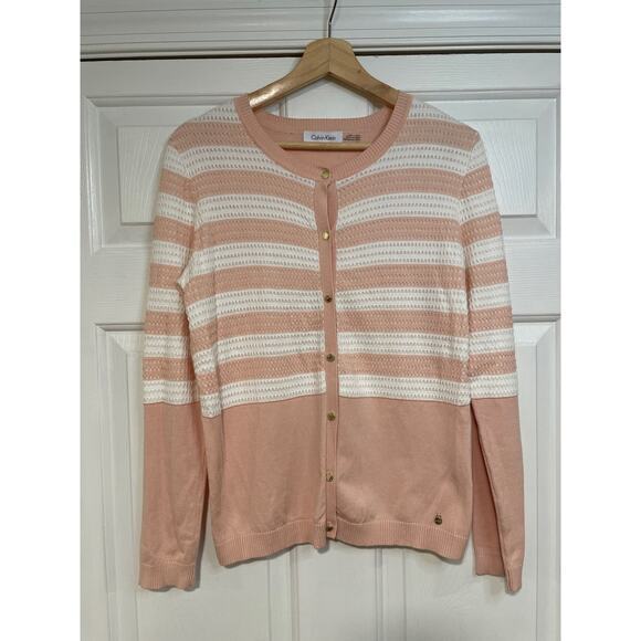 Calvin Klein Soft Pink White Lightweight Cotton Cardigan Sweater M Striped Prep - Picture 2 of 7